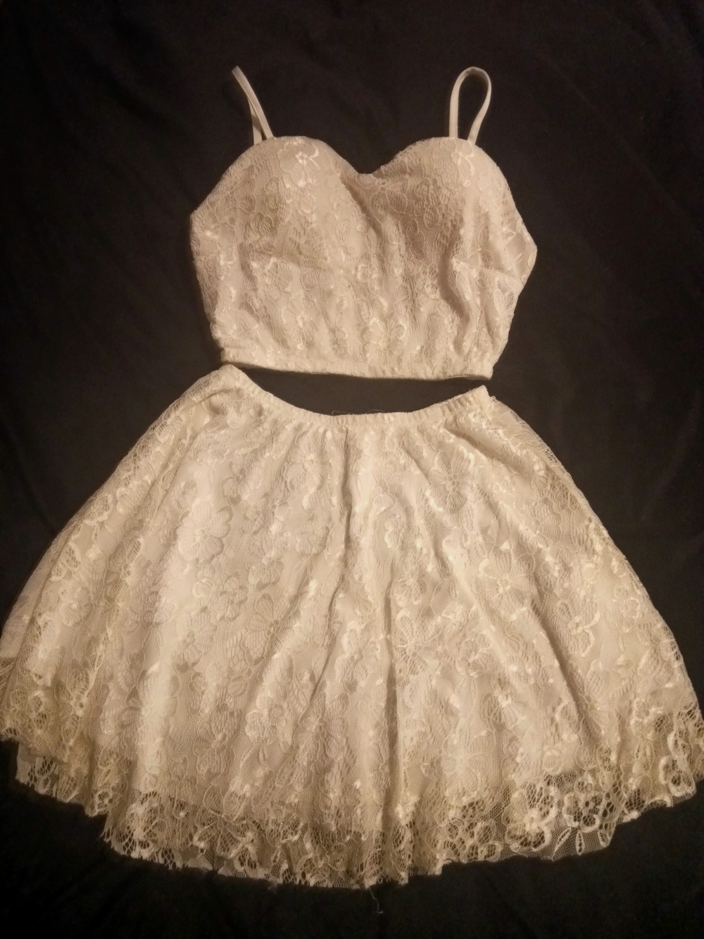 Women's Lace Two-Piece Dress – White Cream Crop Top & Skirt